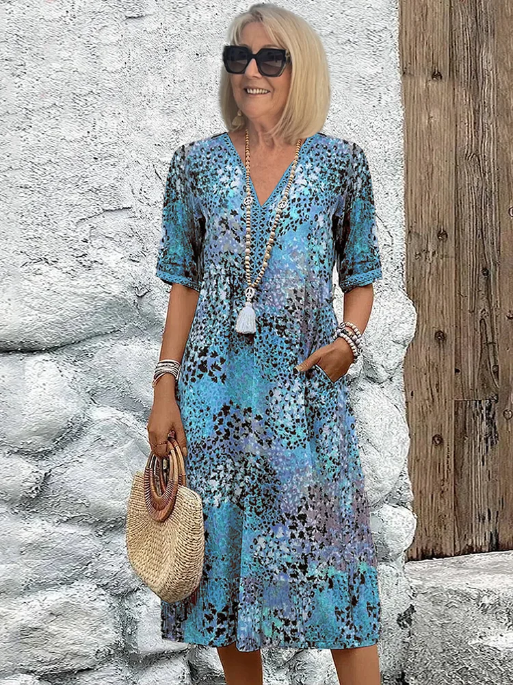 MODEGEIST Damen Midi-Kleid Lebhaftes Muster Fließend Sommerkleid