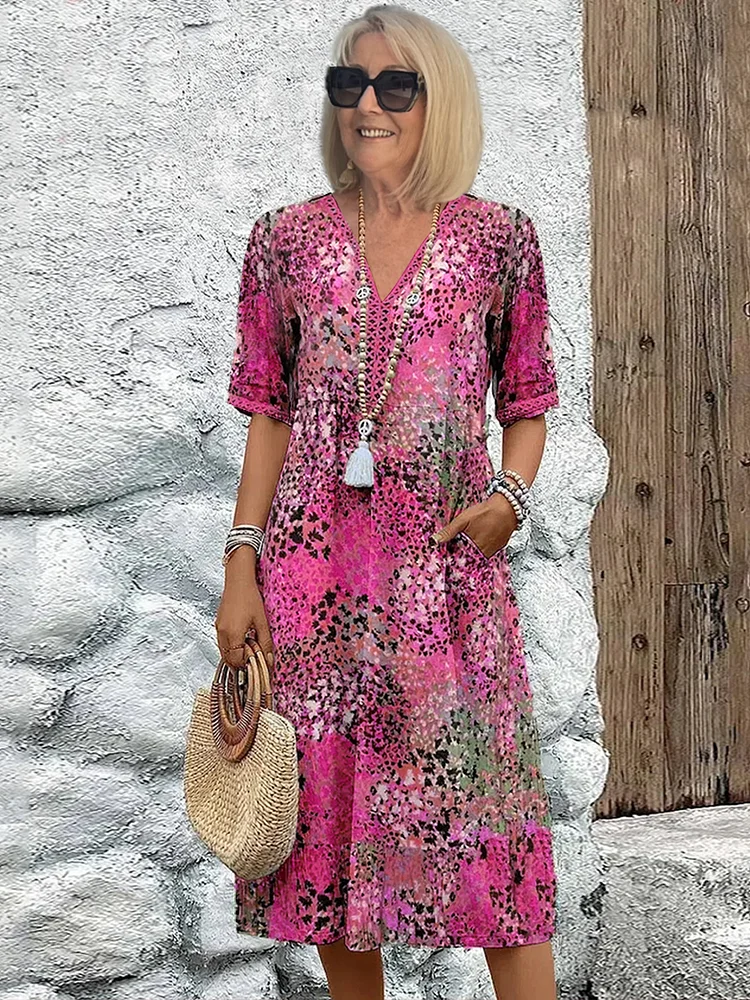 MODEGEIST Damen Midi-Kleid Lebhaftes Muster Fließend Sommerkleid