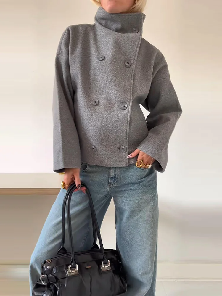 ModeGeist | Wollmischung Jacke mit Hohem Kragen und Knöpfen