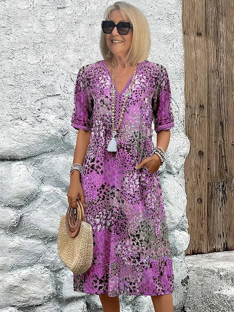 MODEGEIST Damen Midi-Kleid Lebhaftes Muster Fließend Sommerkleid