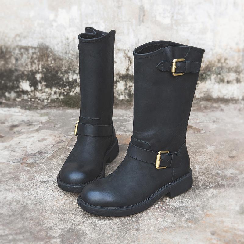 MODEGEIST Damen Stiefeletten Schnallen Design Braun Herbst