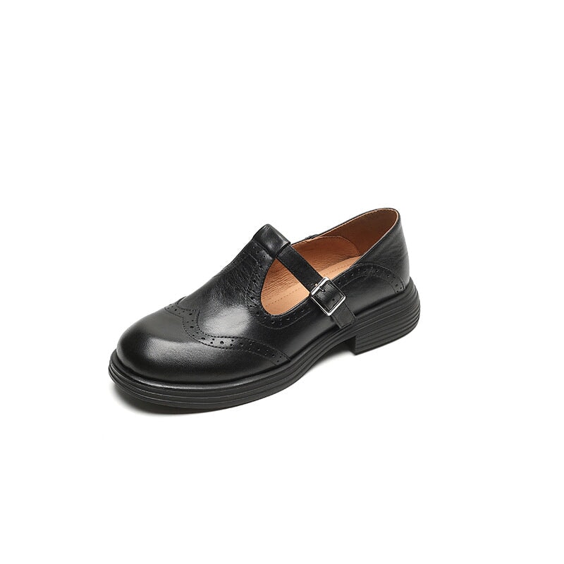 MODEGEIST Damen Mary Jane T-Spangen Pumps Brogue Blockabsatz Leder Braun Schwarz