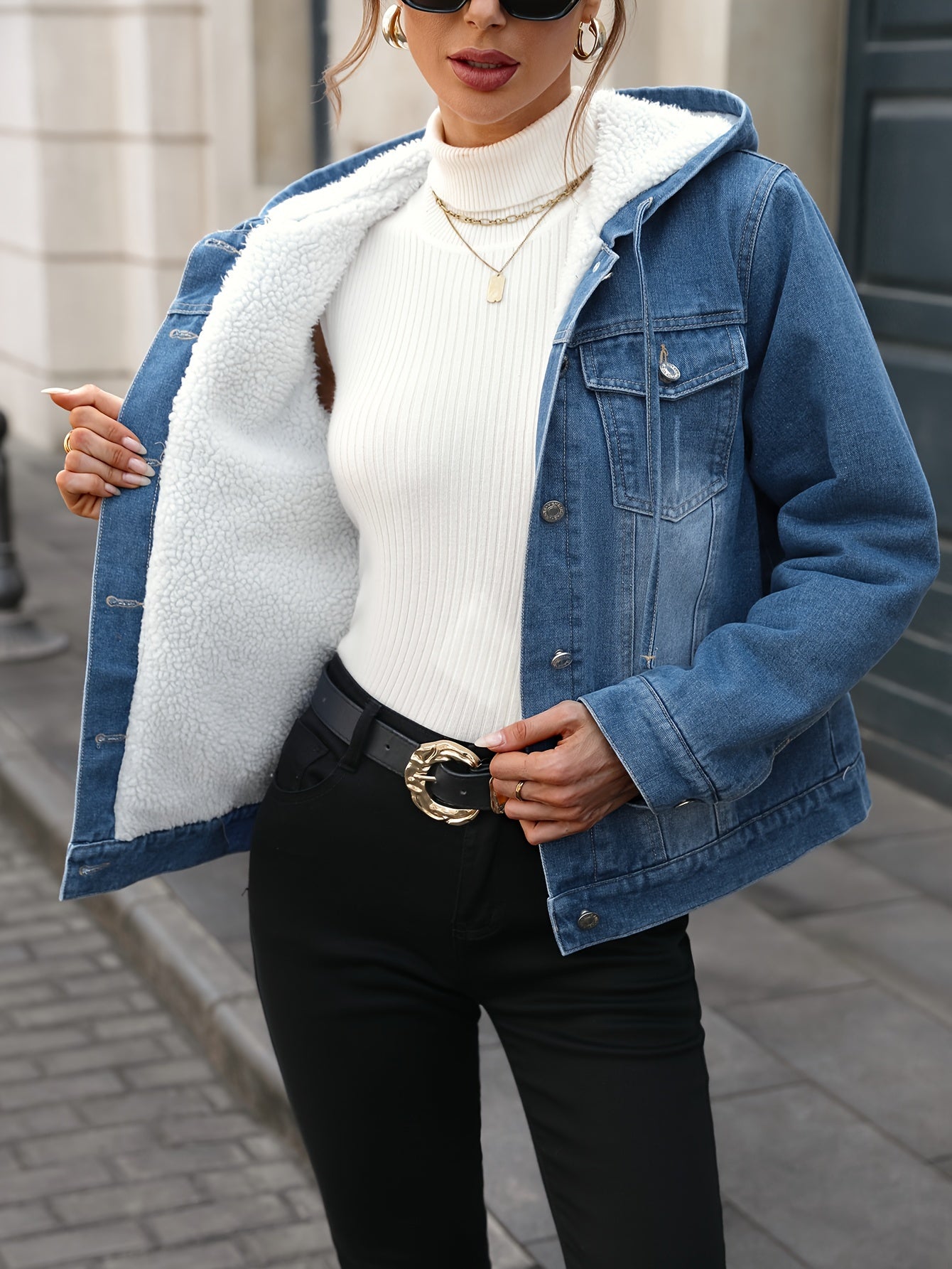 ModeGeist | Denimjacke mit Sherpa-futter und Kapuze Baumwolle/polyester Warm und Modern