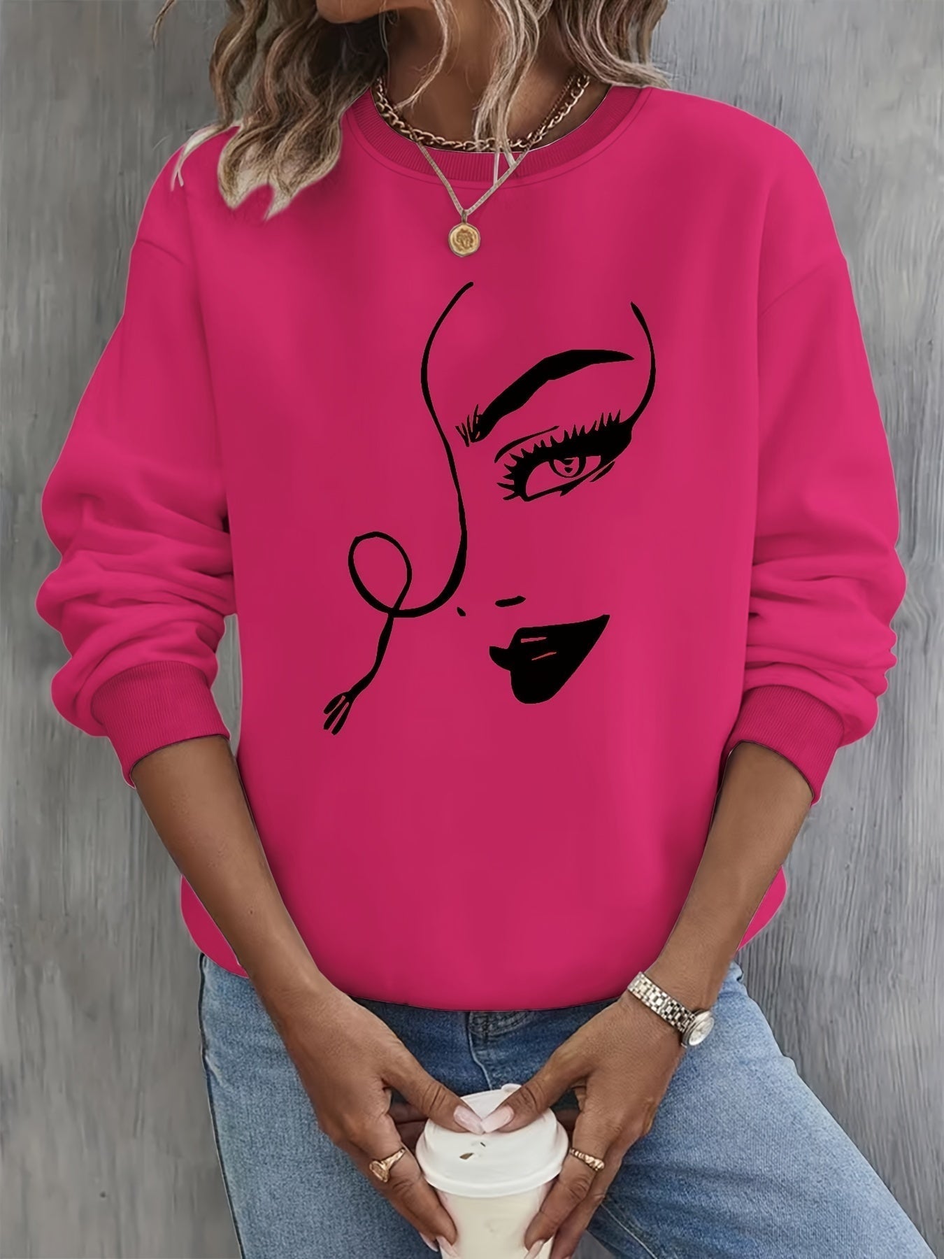 ModeGeist | Sweatshirt mit Künstlerischem Gesicht Baumwolle Trendy und Bequem