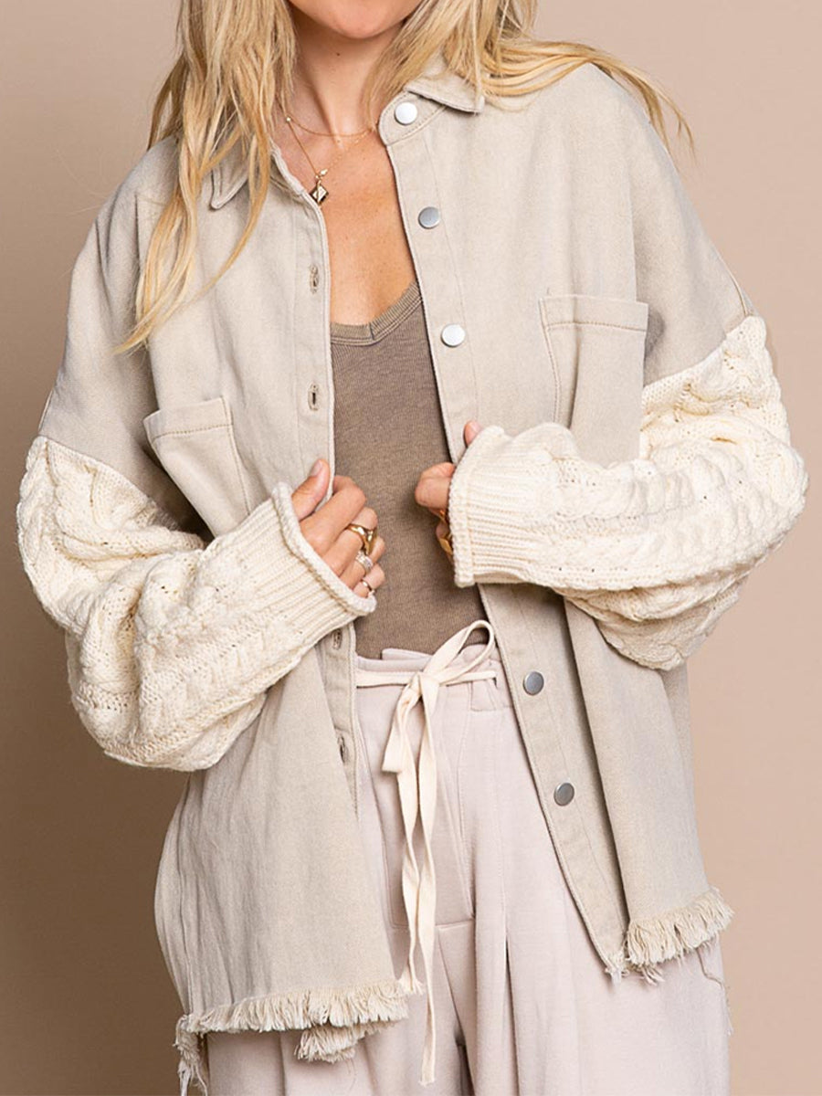 ModeGeist | Kabelstrick Raw Hem Denim Jacke