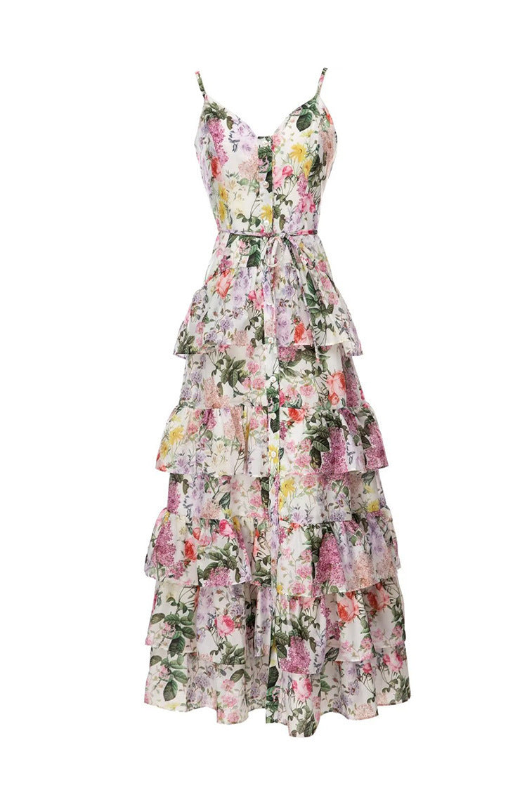 Elegantes Maxikleid mit Spaghettiträgern, Blumenmuster, Raffungen und einem figurbetonten Schnitt von Fudus.