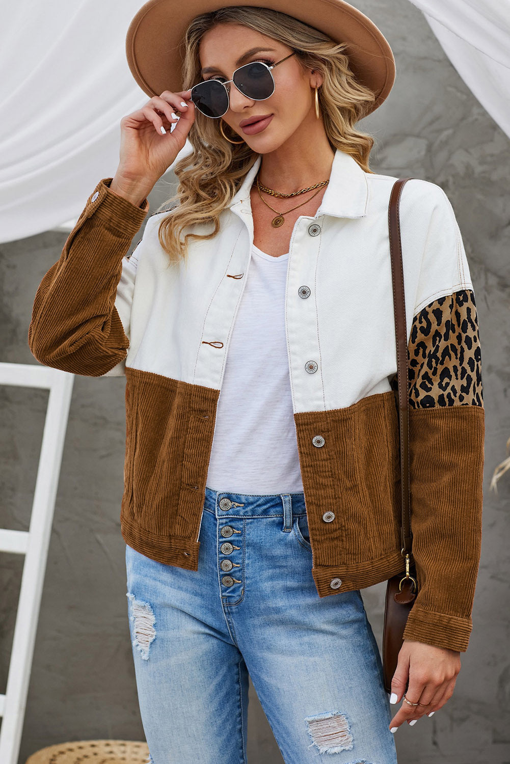 ModeGeist | Leopard Farbblock Knopfleiste Cord Baumwolljacke