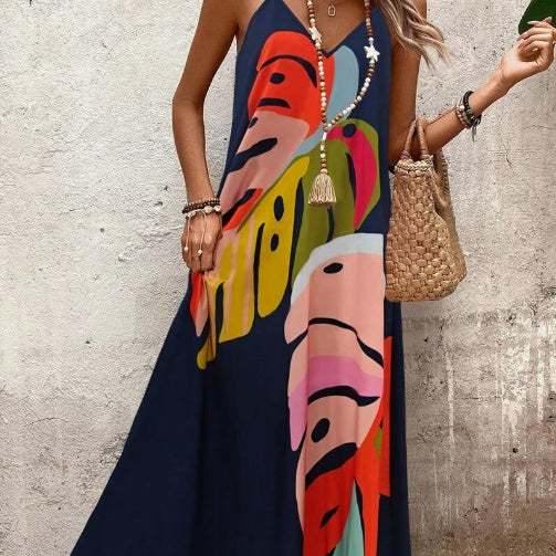 MODEGEIST Damen Maxi-Kleid Blätter-Print Fließend