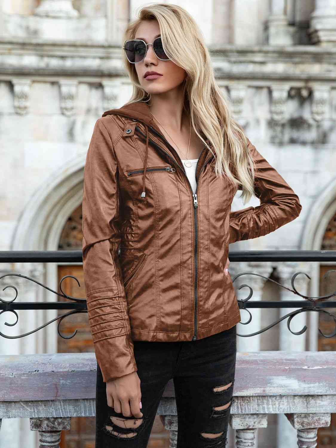 ModeGeist | PU-Jacke mit Kapuze und durchgehendem Reißverschluss