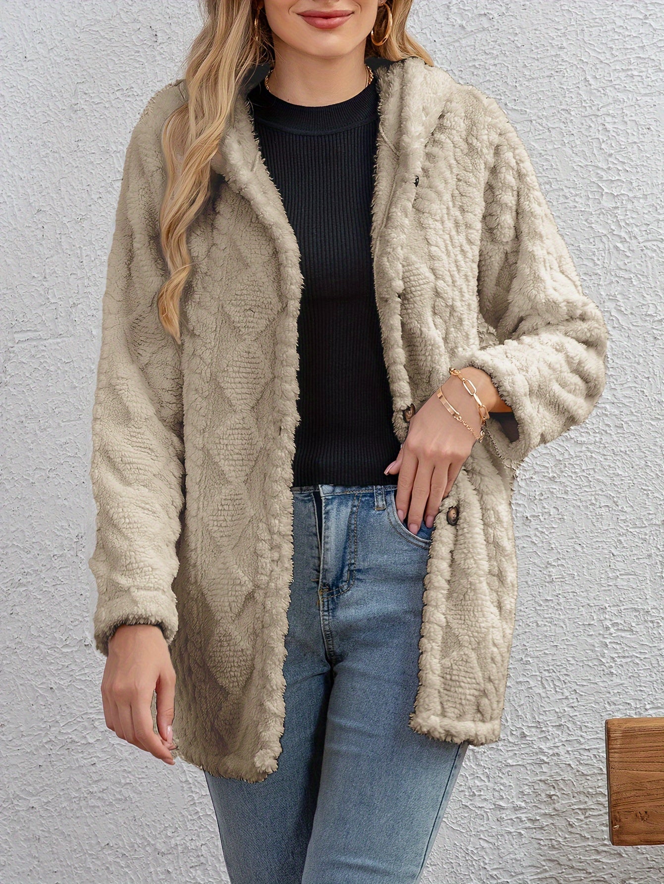 ModeGeist | Fluffy Kapuzenjacke mit Knöpfen Polyester Weich und Warm