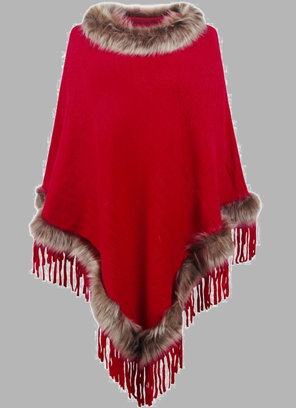 ModeGeist | Elegante Damen Poncho mit Pelzkragen und Fransen