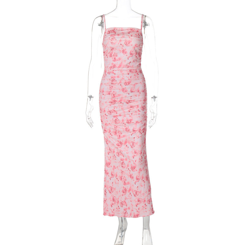 Fudus figurbetontes, schulterfreies Langkleid mit Blumenmuster im europäischen und amerikanischen Sexy-Stil