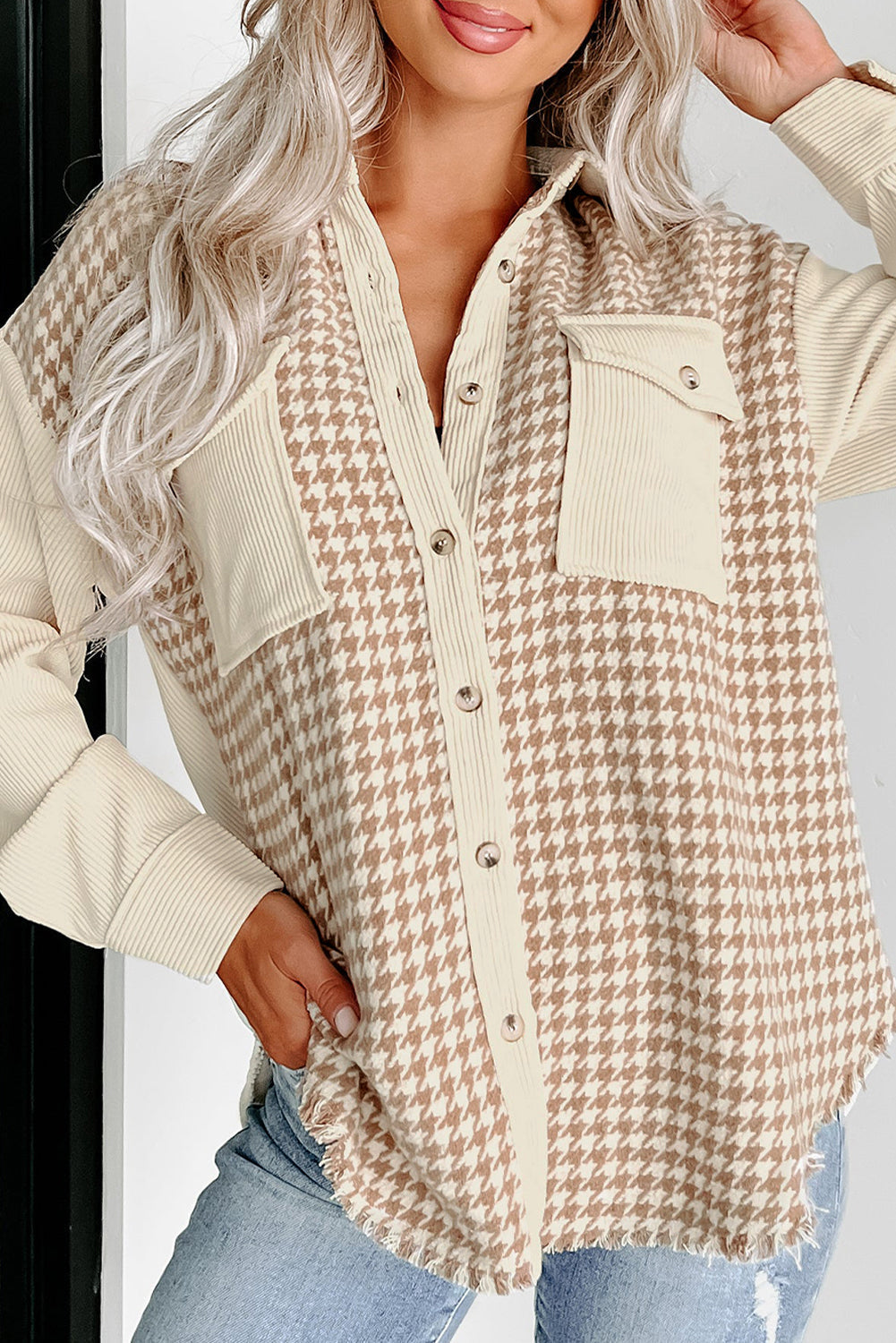 ModeGeist | Hundezahn Muster Hemdjacke Baumwollmischung Trendy und Komfortabel