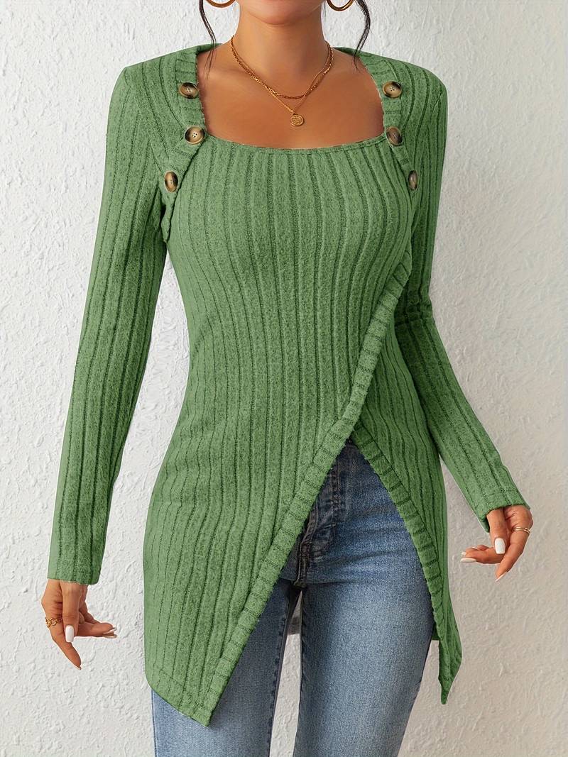 ModeGeist | Quadrat Ausschnitt Pullover mit Langen Ärmeln und Seitlichem Schlitz