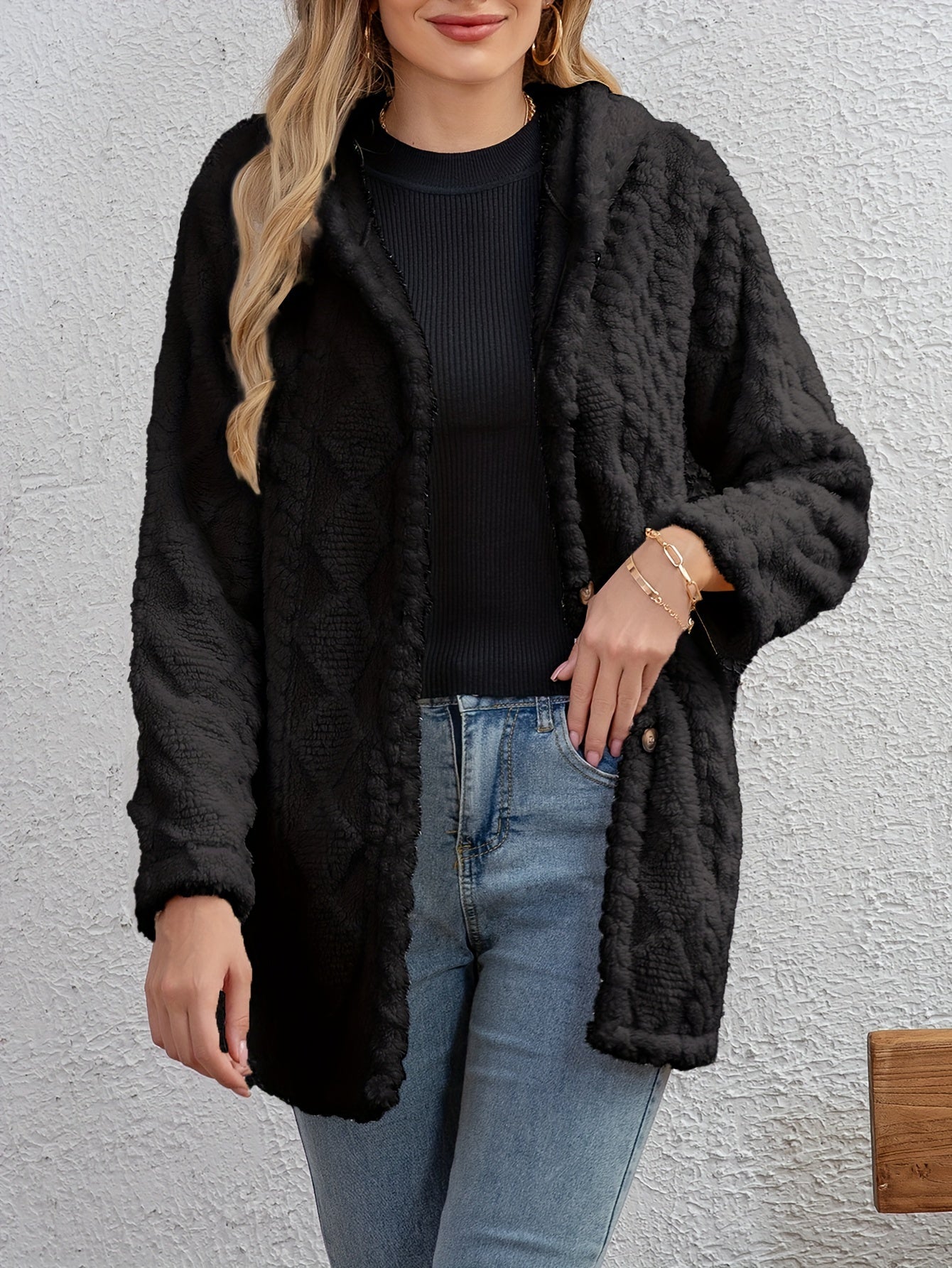 ModeGeist | Fluffy Kapuzenjacke mit Knöpfen Polyester Weich und Warm