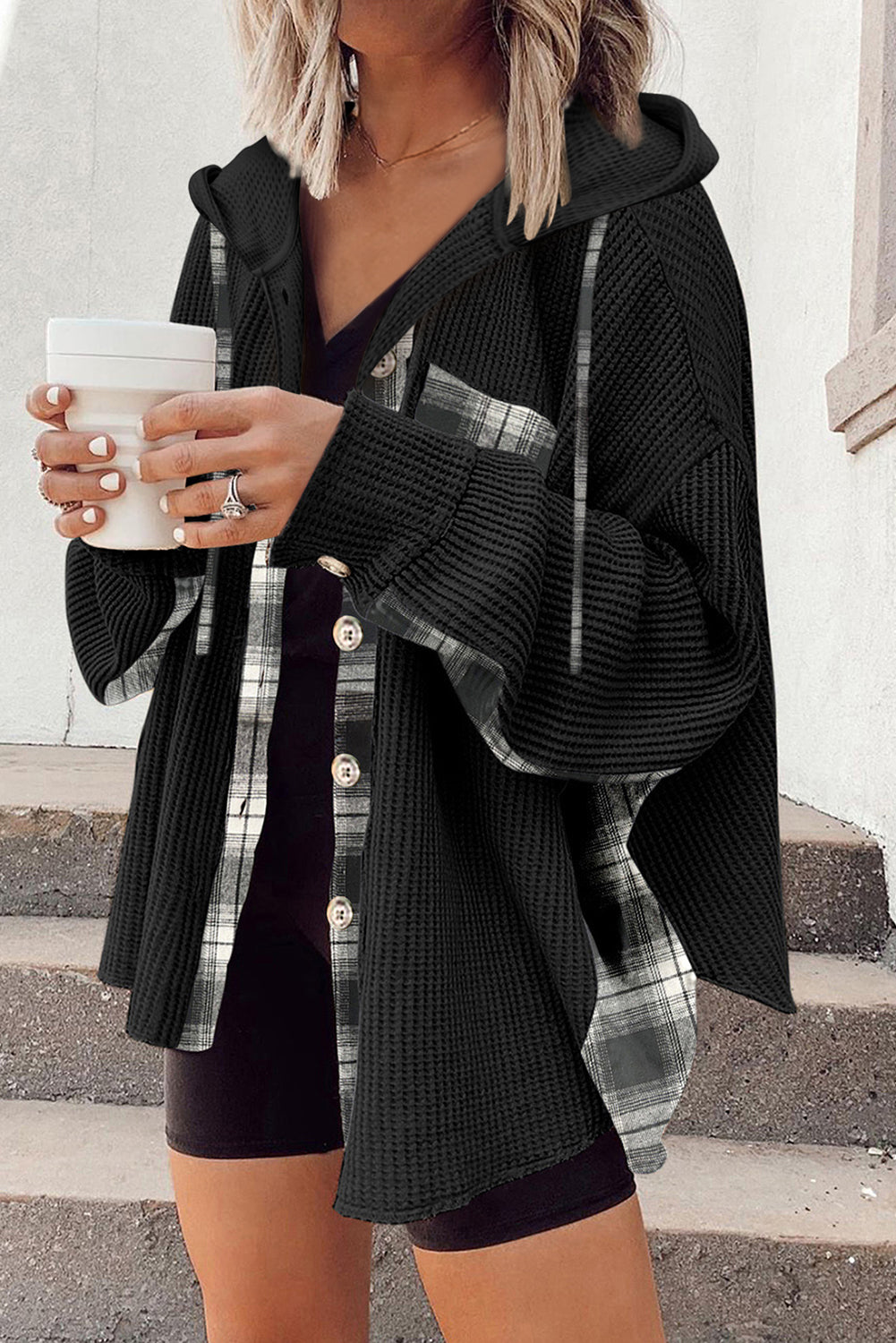 ModeGeist | Oversized Hemdjacke mit Kapuze Geripptes und Kariertes Design Bequem und Trendy