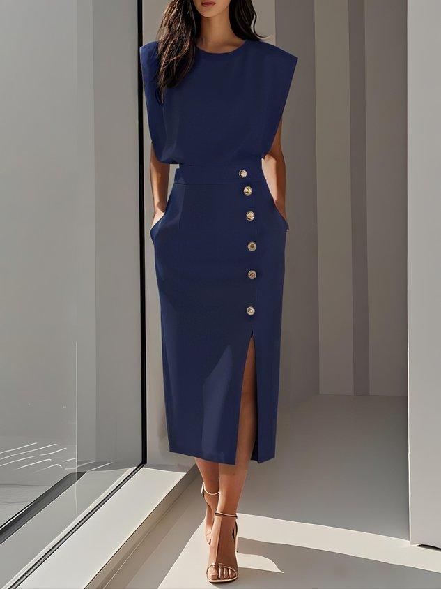 MODEGEIST Damen Midi-Kleid Entspannter Schnitt Knopfdetail Vielseitig