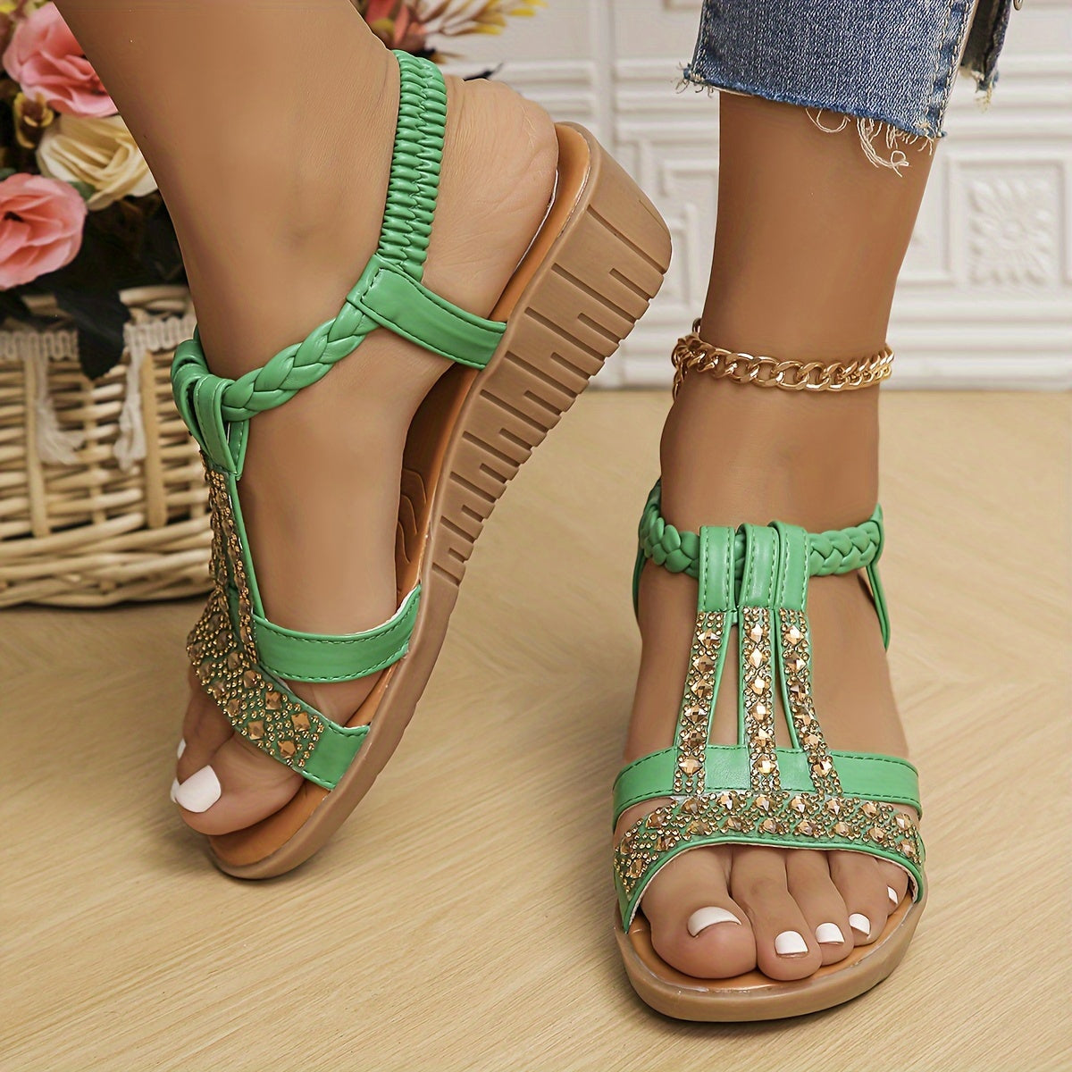 MODEGEIST Damen Sandalen Geflochten Strass Riemen Gold