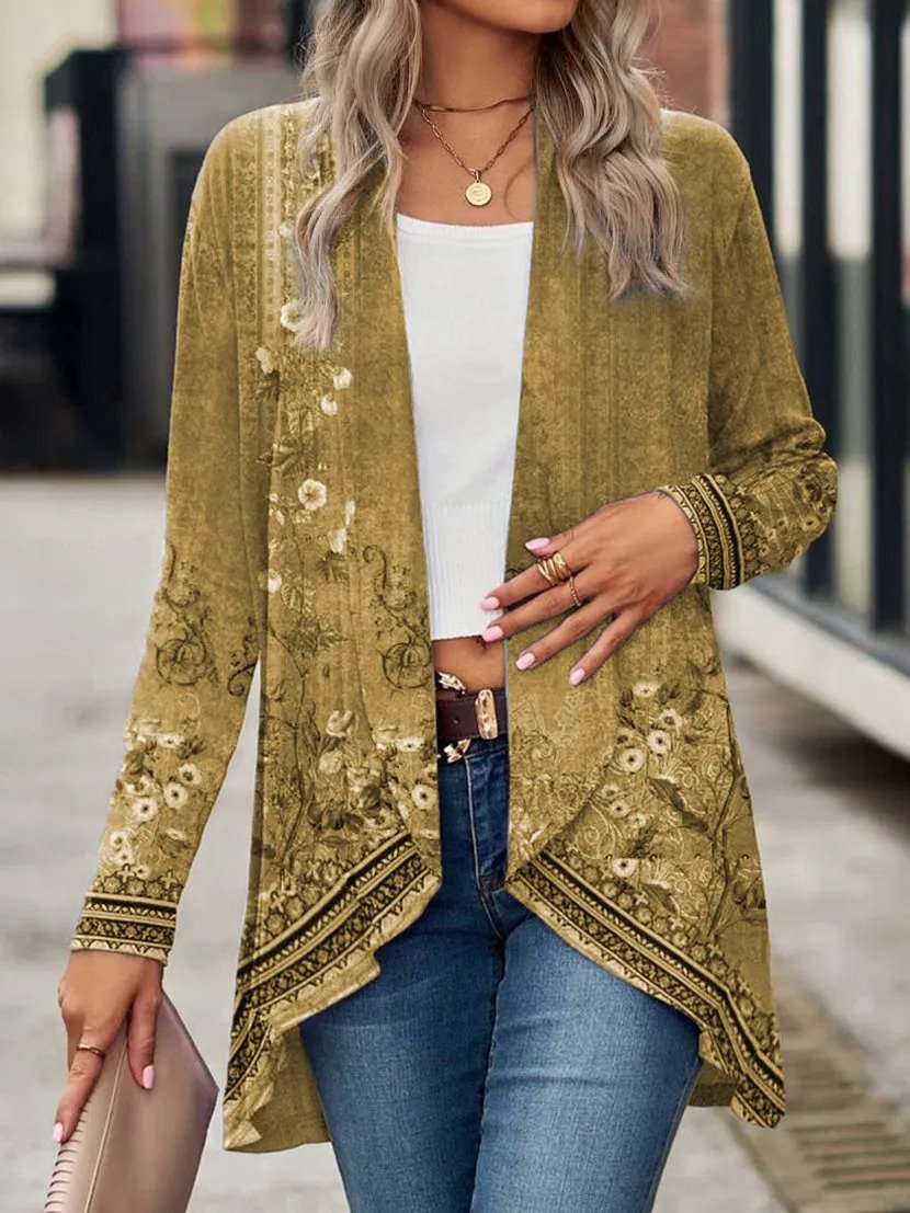 Damen-Strickjacke mit Wickeloptik im floralen Design