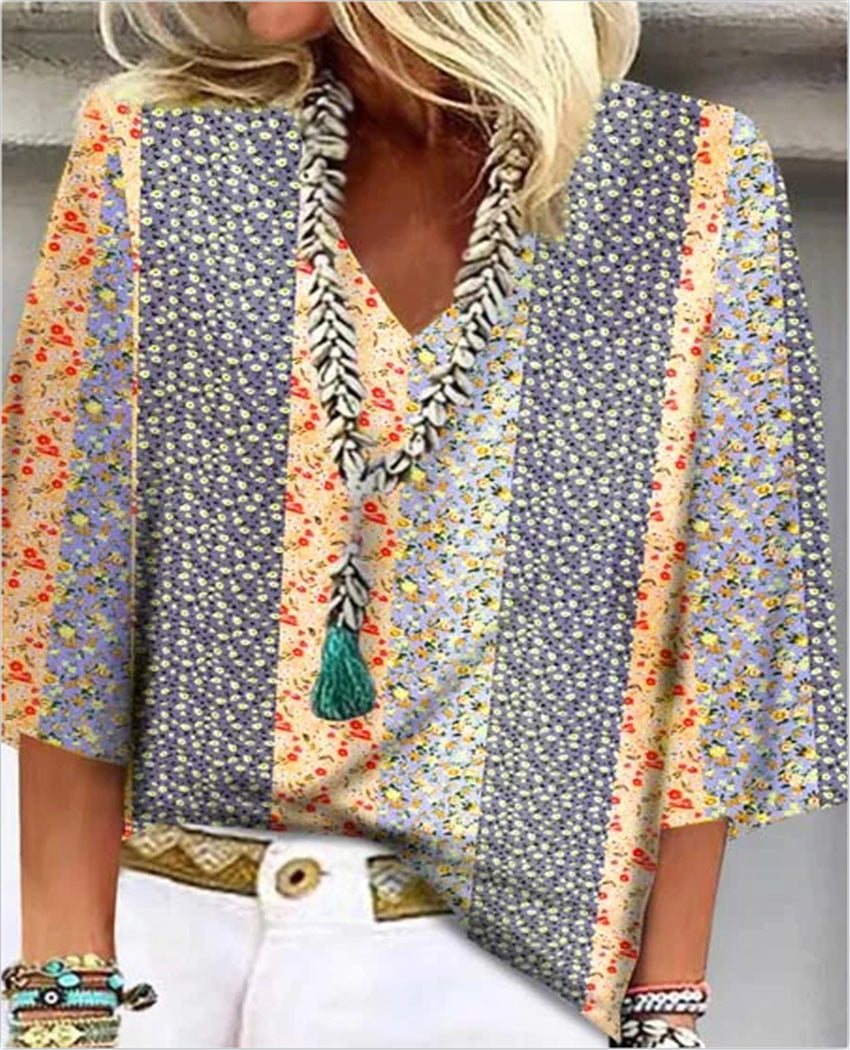 MODEGEIST Damen Bluse Patchwork Blumenmuster V-Ausschnitt 3/4-Ärmel