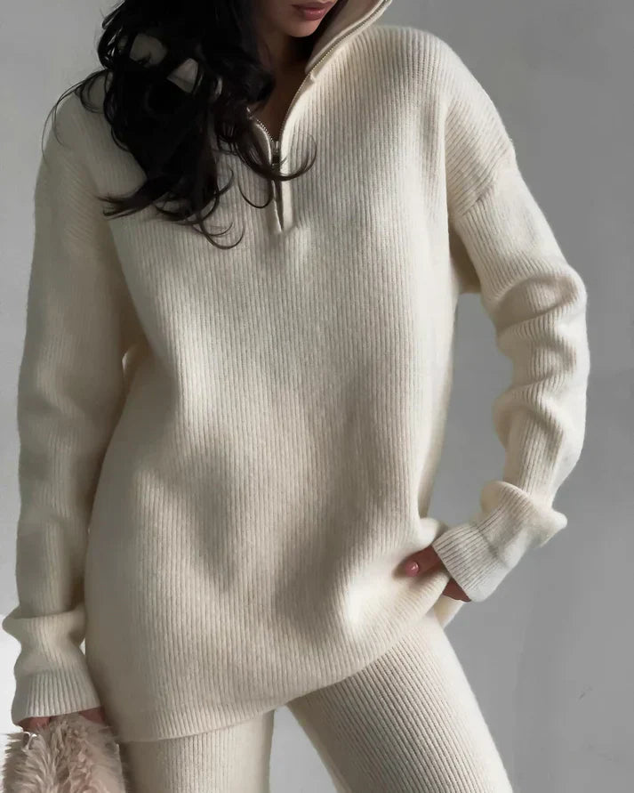 ModeGeist | Zwei Teilige Gestrickte Reißverschluss Pullover Hoch Taillierte Hosen Satzs