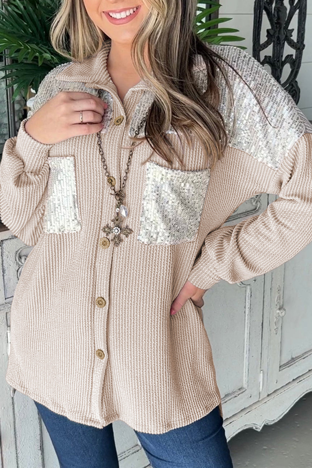 ModeGeist | Rippierte Hemdbluse mit Silber Pailletten Polyester-mischung Elegant und Festlich