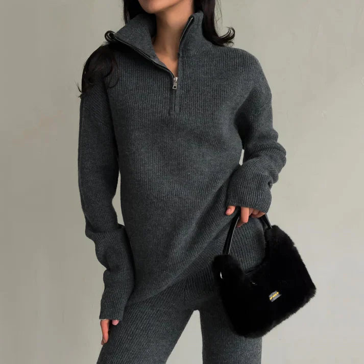 ModeGeist | Zwei Teilige Gestrickte Reißverschluss Pullover Hoch Taillierte Hosen Satzs