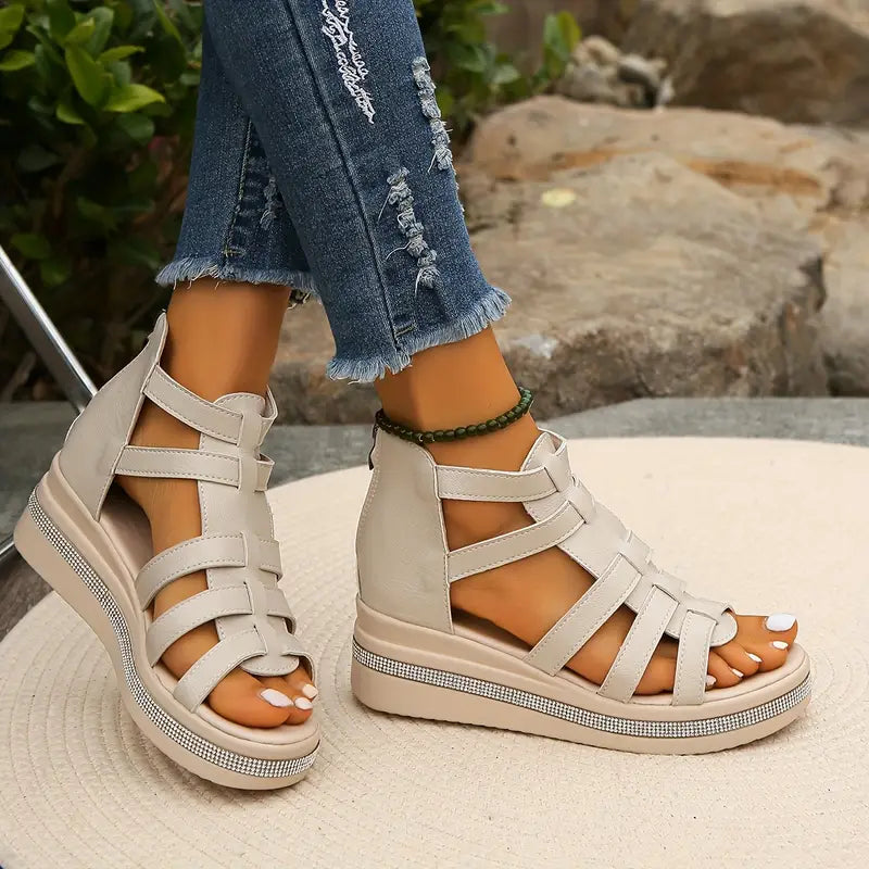 MODEGEIST Damen Komfort-Sandalen Strass-Verzierung Orthopädisch Beige