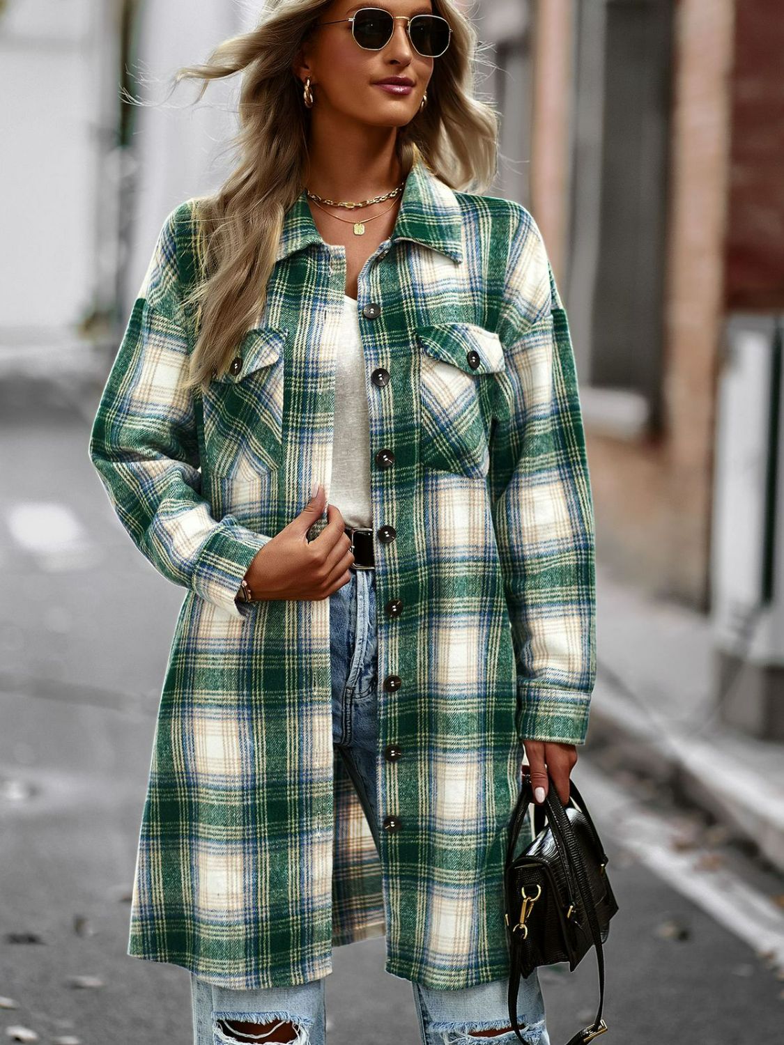 ModeGeist | Karierte Button-Up Longline Jacke mit Taschen