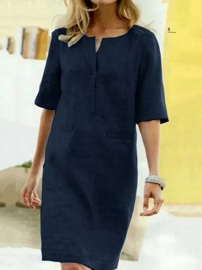 ModeGeist | Damen Kurzarm Baumwolle und Leinen Kleid