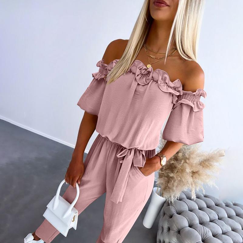 MODEGEIST Damen Off-Shoulder Jumpsuit Rüschen Taillengürtel Elegant