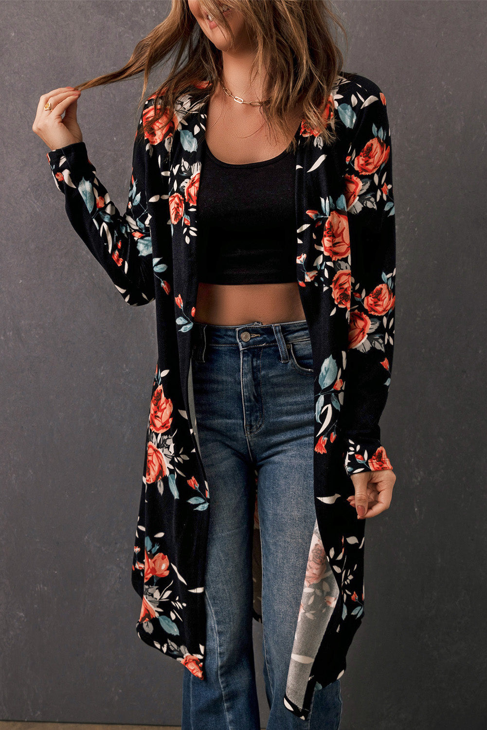 ModeGeist | Bedruckter Offene Front Langarm Cardigan
