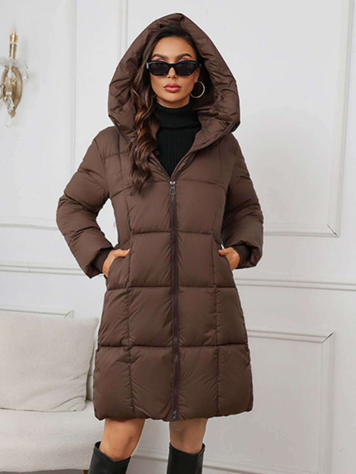 ModeGeist | Frauen Lange Kapuzen-Winter-Pufferjacke