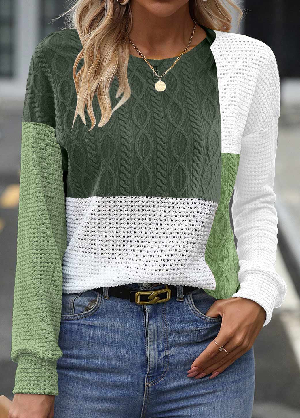 Elegantes Damen-Sweatshirt mit Rundhalsausschnitt und langem Patchwork-Ärmel von Fudus