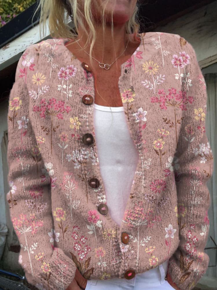 ModeGeist | Knopflose Strickjacke mit Blumenmuster Strick Elegant und Komfortabel