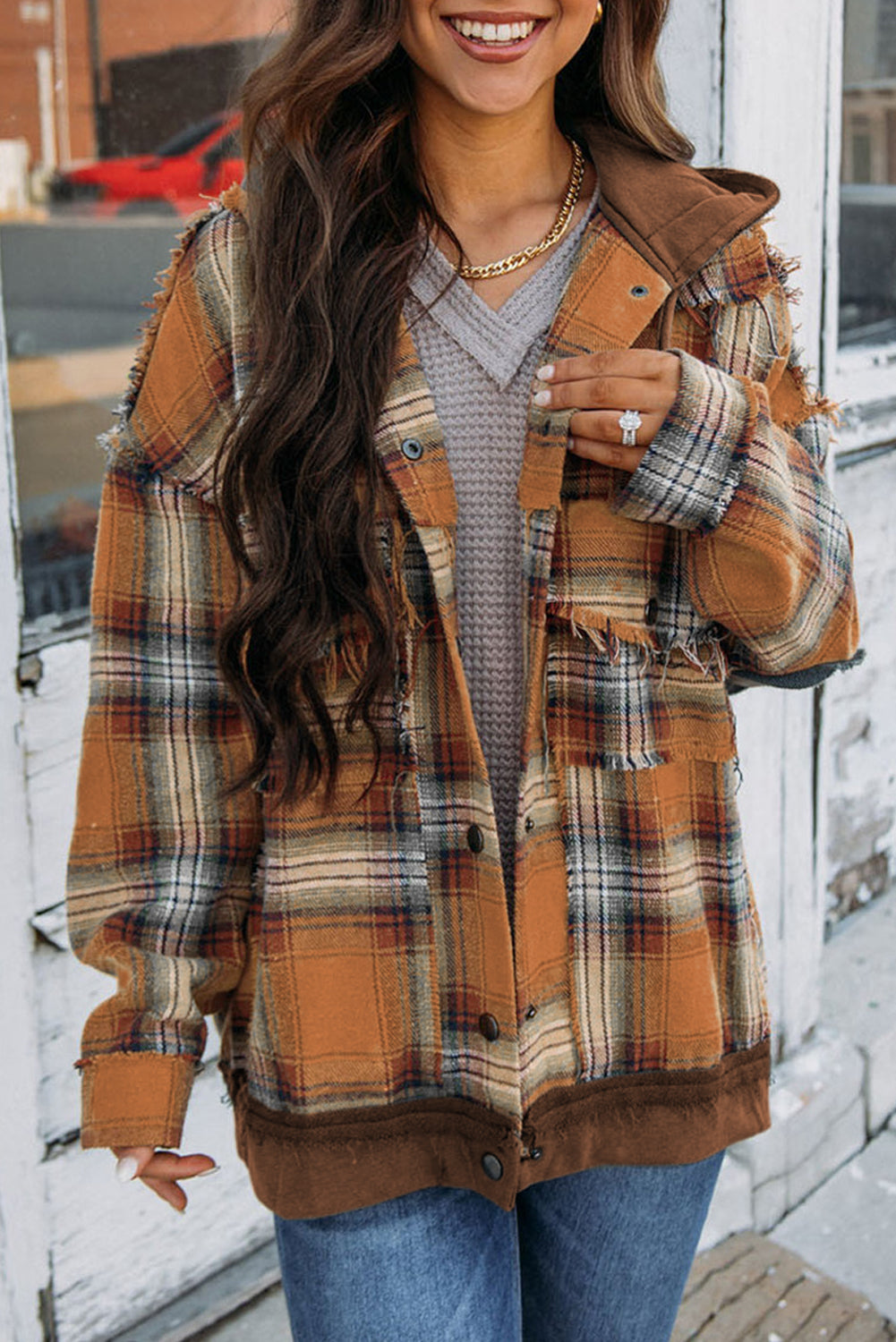 ModeGeist | Karierte Jacke mit Kapuze und Rohen Kanten Baumwolle Lässig und Trendy