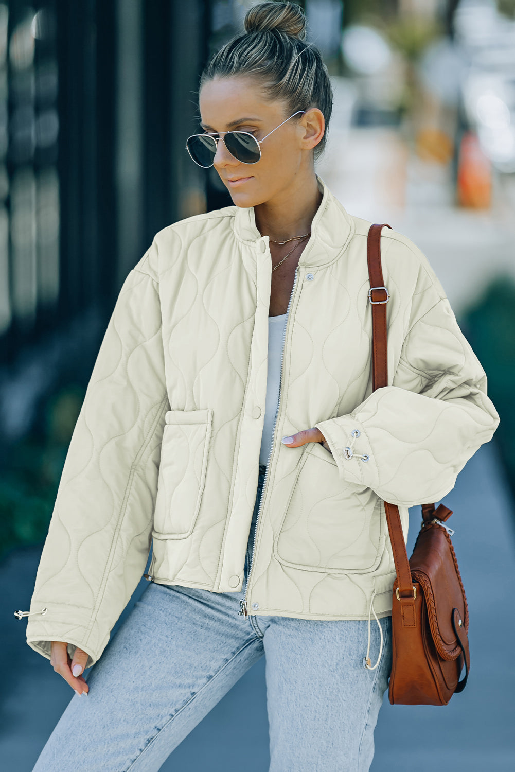 ModeGeist | Kordelzug Gefallene Schulter Gequiltete Jacke
