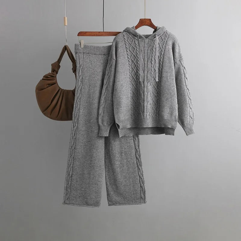 Fudus Langarm-Strickpullover mit weiten Hosen – Zweiteiliger Satz