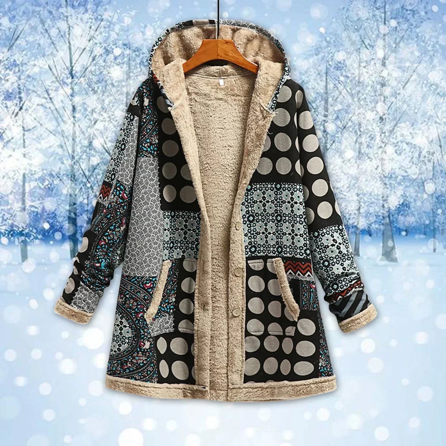 ModeGeist | Fleecejacke - Relaxed Fit - Kapuze - Patchwork - Langes Modell - Lässiger Stil