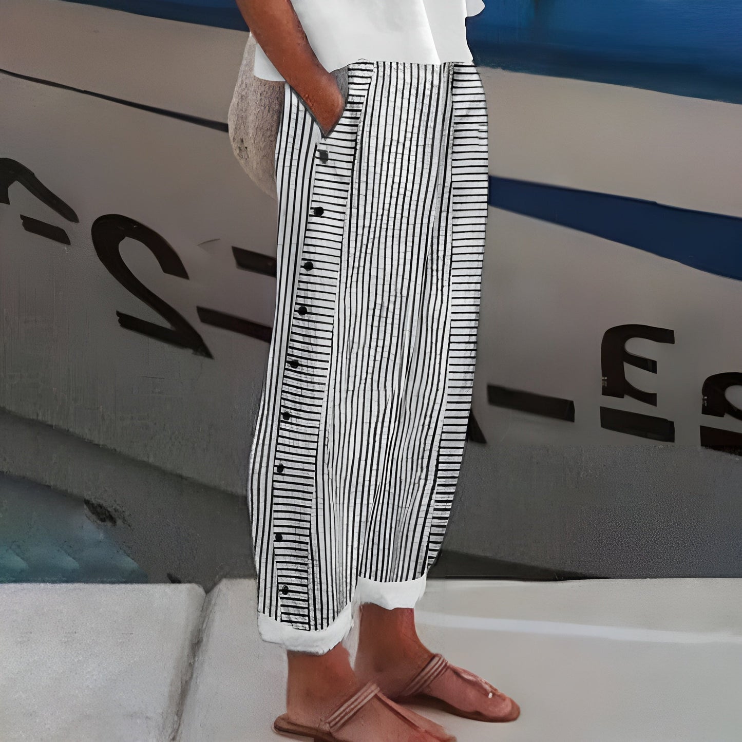 MODEGEIST Damen Relaxed-Hose Seitentaschen Elastikbund Baumwolle