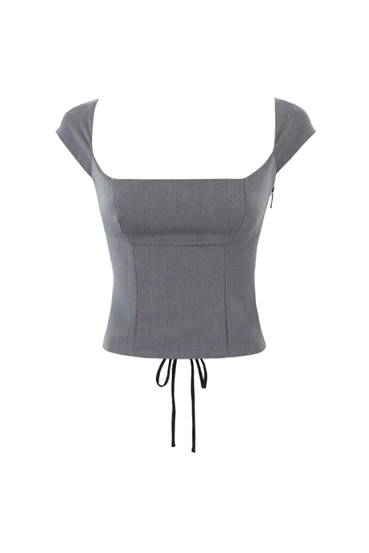 Kurzer gewebter Crop Top mit quadratischem Ausschnitt, Schnürung und offenem Rücken von Fudus