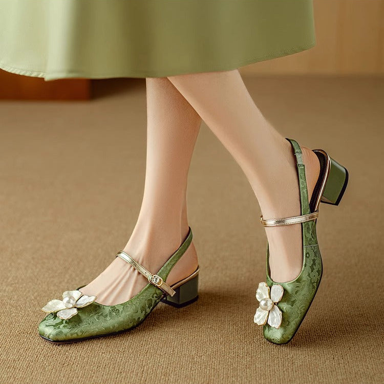MODEGEIST Damen Slingback Pumps Blumenmuster Rosa Blockabsatz