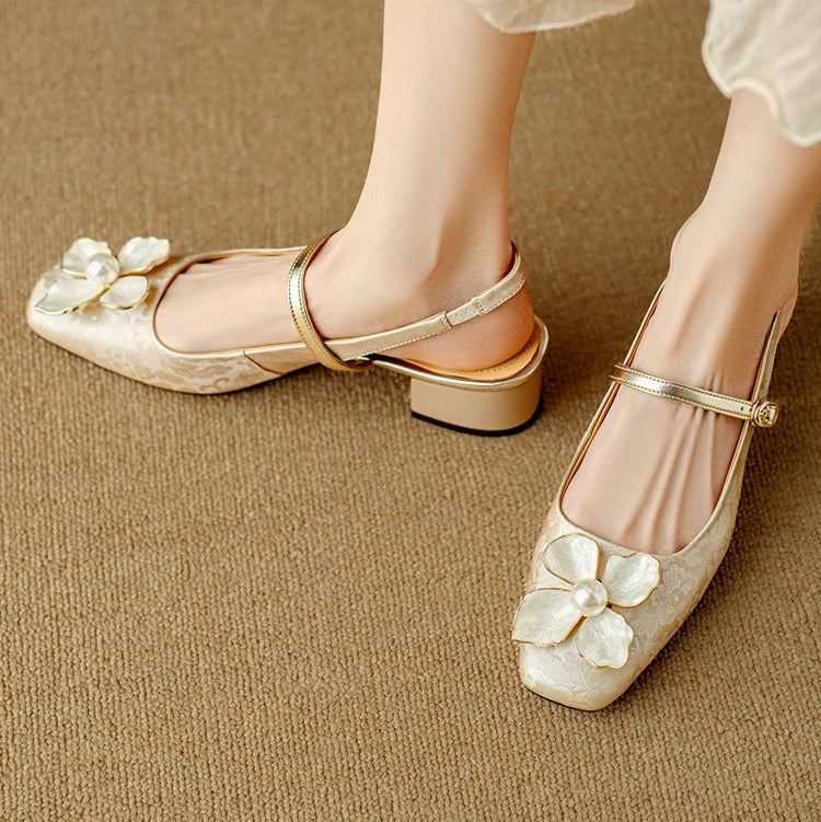 MODEGEIST Damen Pumps Blumenmuster Blockabsatz Jacquard