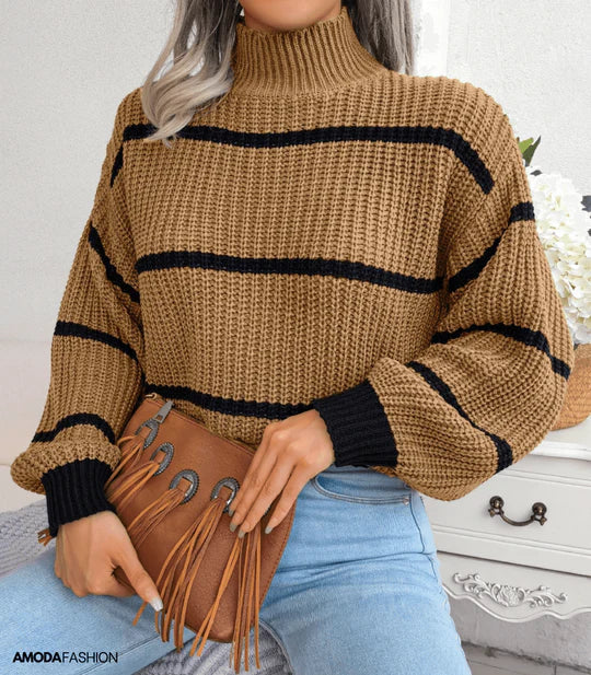 ModeGeist | Pullover - Damen Herbst Gemütlicher Rollkragen Gestreifter Pullover