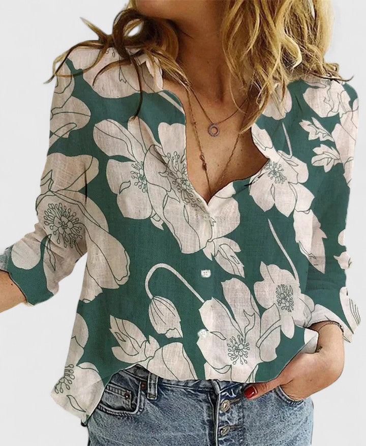 MODEGEIST Damen Button-Down Bluse Leinen Wellenförmiger Reverskragen Relaxed-Fit