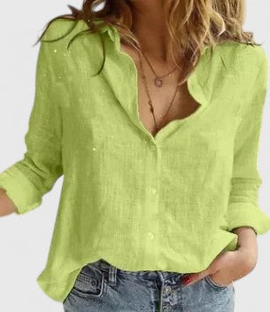 MODEGEIST Damen Button-Down Bluse Leinen Wellenförmiger Reverskragen Relaxed-Fit