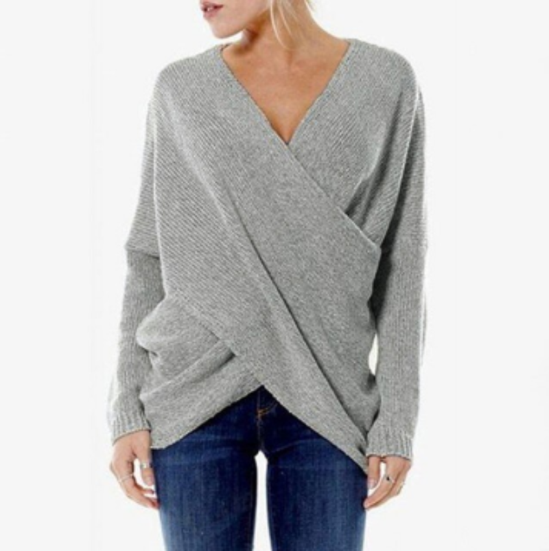 ModeGeist | Strickdamenpullover mit Wickel V-Ausschnitt und Langen Ärmeln