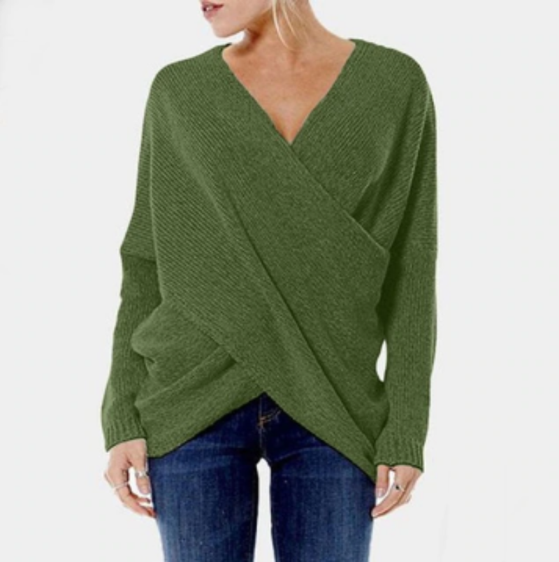 ModeGeist | Strickdamenpullover mit Wickel V-Ausschnitt und Langen Ärmeln
