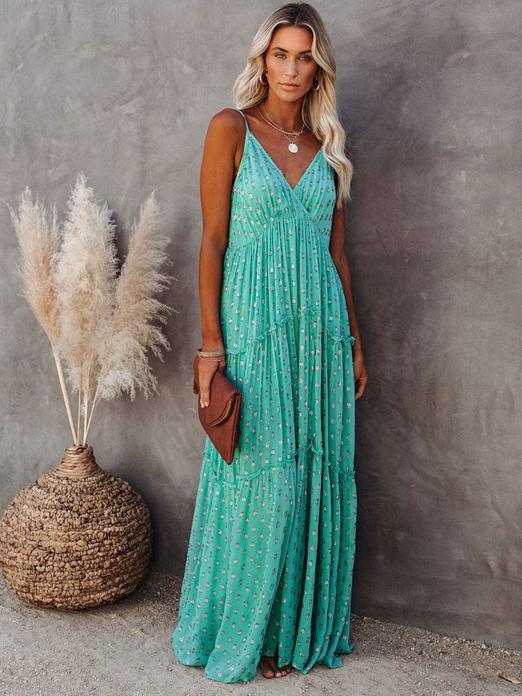 Langes grünes Strandkleid mit V-Ausschnitt – Modell Jozie
