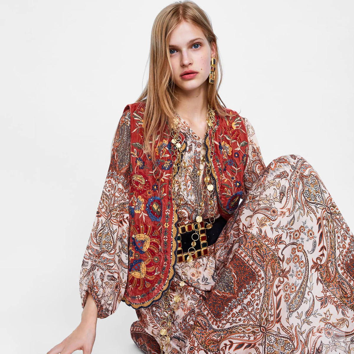 MODEGEIST Damen Boho Weste Samt Stickerei Pailletten